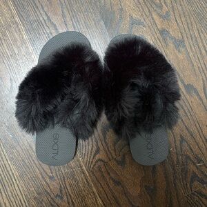 Black furry flip flops, size 8! $18